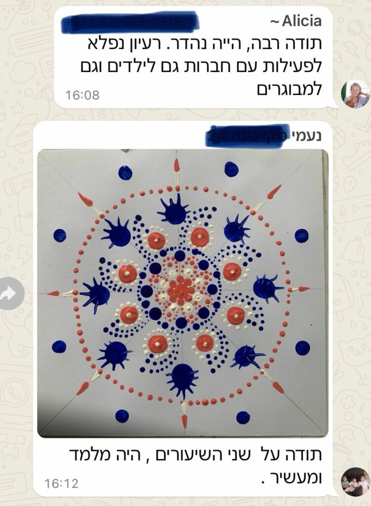 תלמידה משתפת מנדלה מנוקדת בכחול וכתום על דף לבן