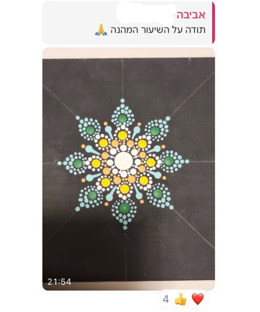 תלמידה משתפת מנדלה מנוקדת בגווני תכלת וצהוב