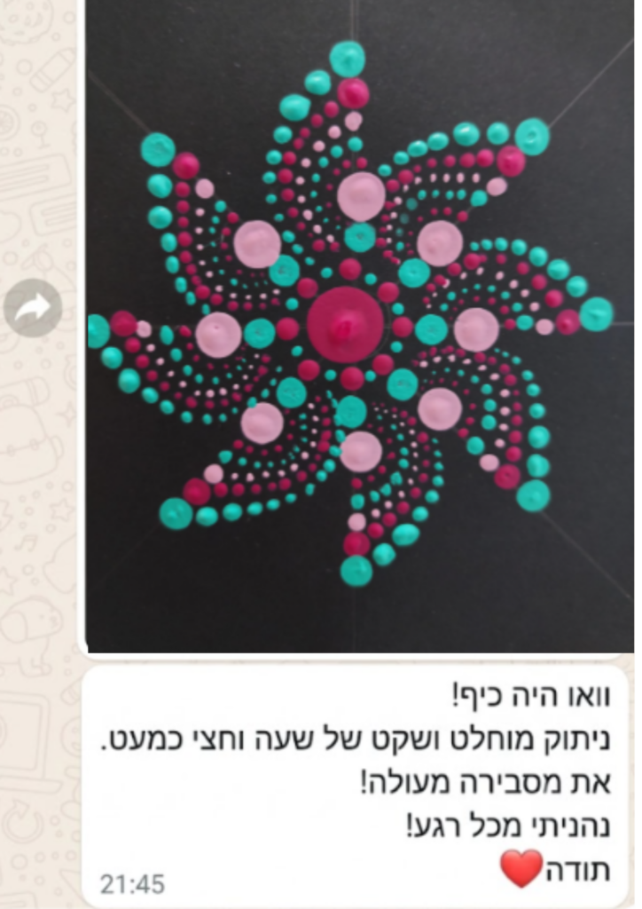 מנדלה מנוקדת בגווני טורקיז, ורוד ובורדו על רקע שחור, עם תגובת תלמידה