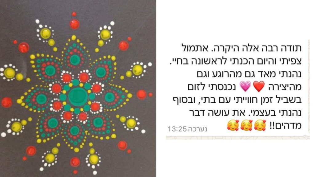 תלמידה משתפת מנדלה מנוקדת ראשונה בירוק, אדום וצהוב