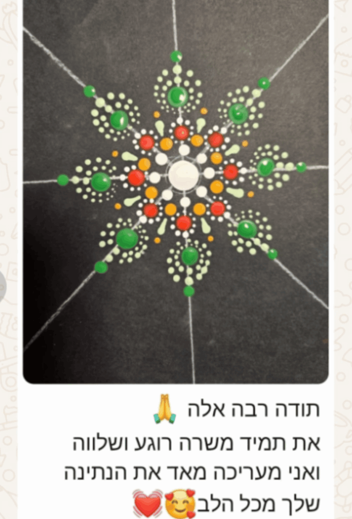 הודעת תודה של תלמידה עם מנדלה מנוקדת בגווני ירוק, כתום ולבן