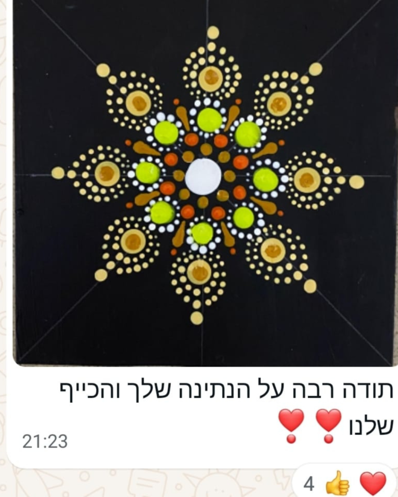 תלמידה משתפת מנדלה מנוקדת בירוק וזהב על רקע שחור