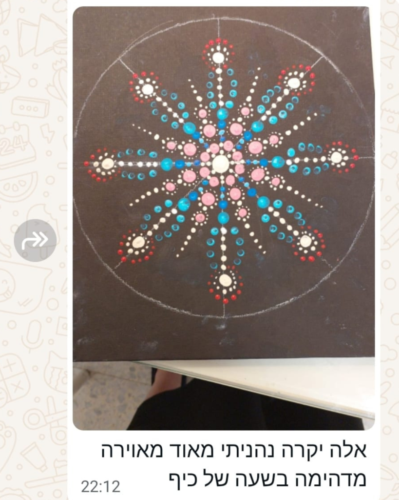 תלמידה משתפת מנדלה מנוקדת בורוד ותכלת על רקע שחור
