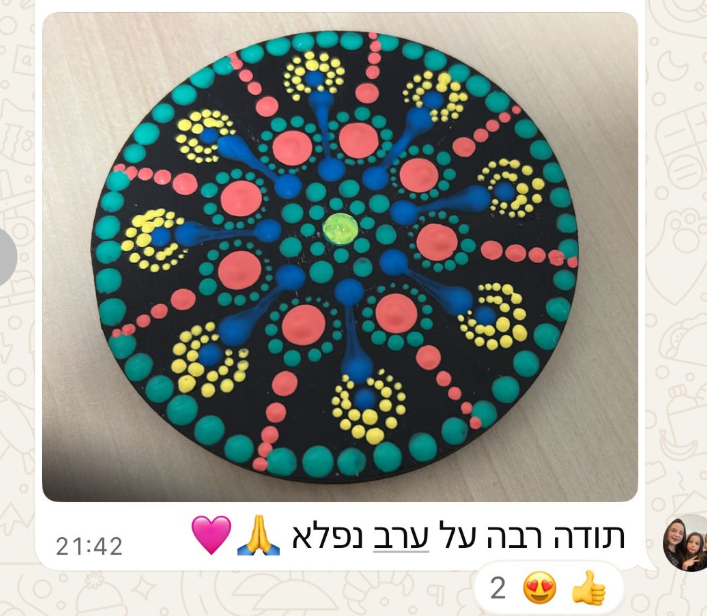 המלצה של תלמידה עם מנדלה מנוקדת צבעונית על רקע שחור