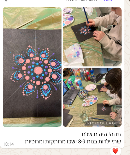המלצה של אמא עם ילדות מציירות מנדלה מנוקדת בסדנה