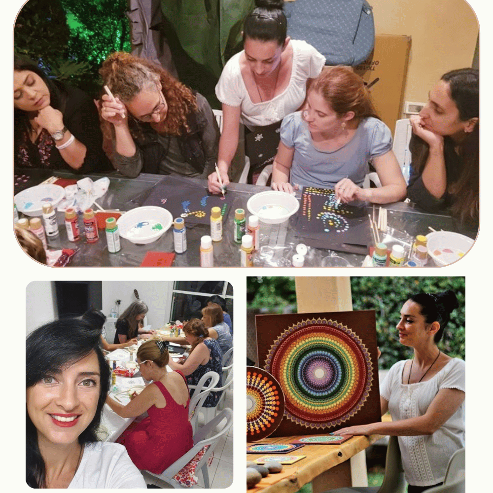 קולאז' של נשים בסדנת ציור מנדלות מנוקדות סביב שולחן