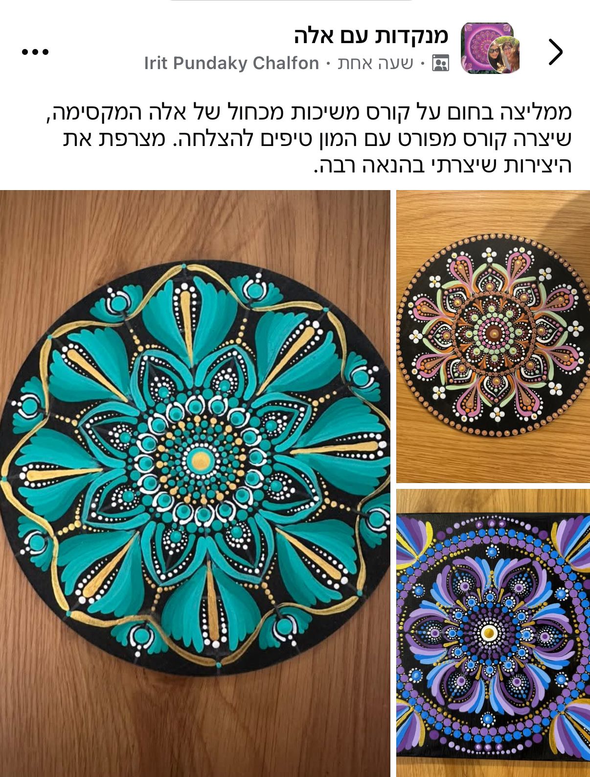 המלצה של תלמידה על קורס משיכות מכחול, עם מנדלות שציירה