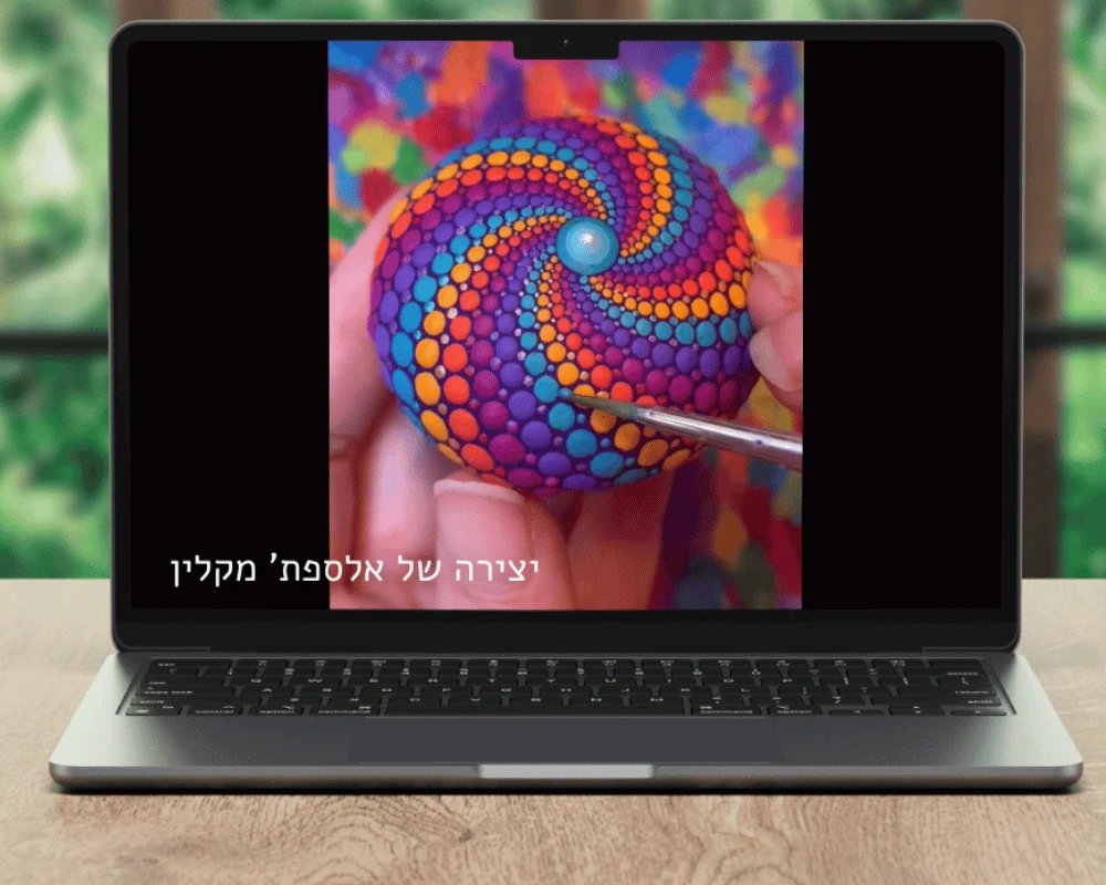 מחשב נייד מציג ציור ספירלה מנוקדת צבעונית על אבן
